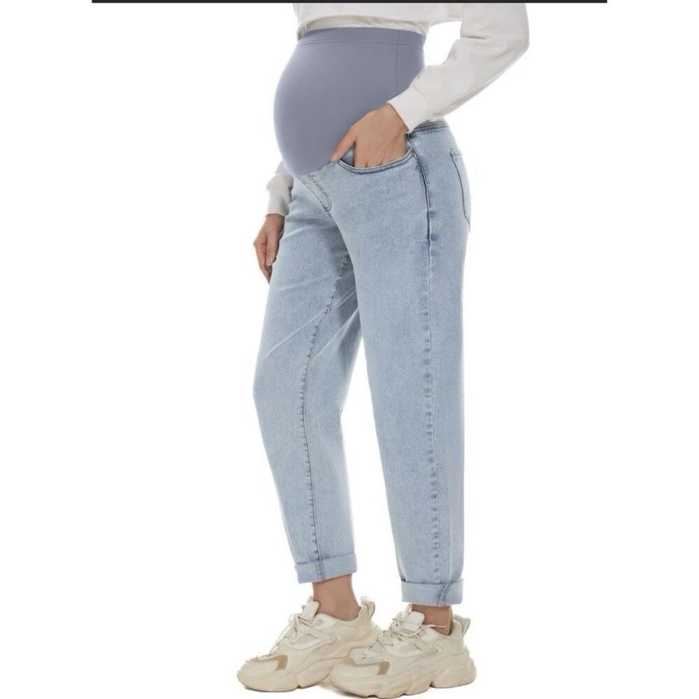 Poshglam Maternity Jeans Light Wash Stretch Denim Over Belly Panel XL